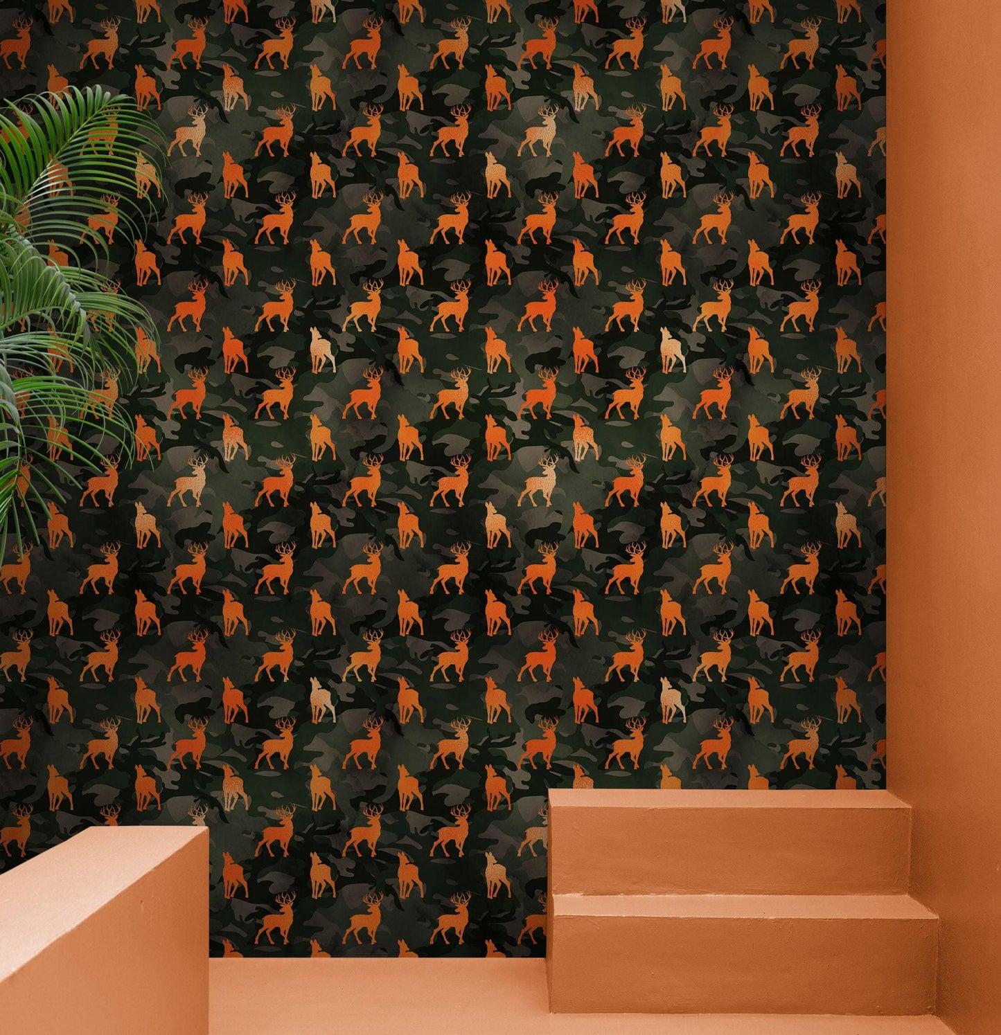 Deer Silhouette Camouflage Wall Mural. Military Theme / Hunter Home Decor. Peel and Stick Wallpaper. #6436