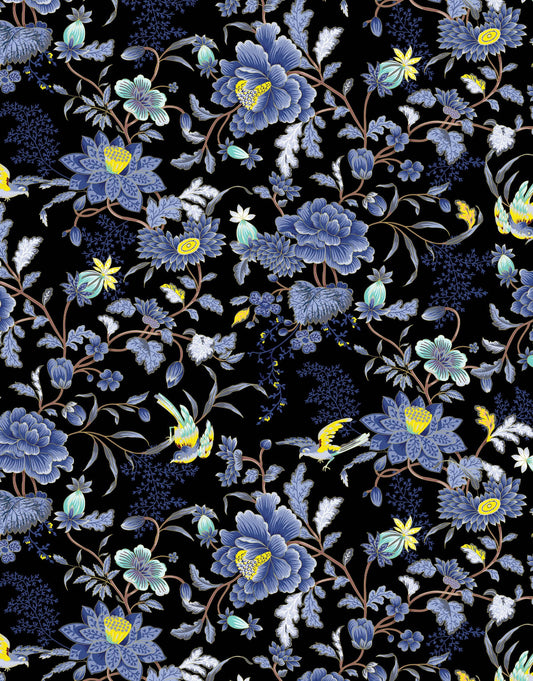 Blue and Black Color Flower Pattern Wall Mural. Tropical Botanical Floral Peel and Stick Wallpaper. #6437