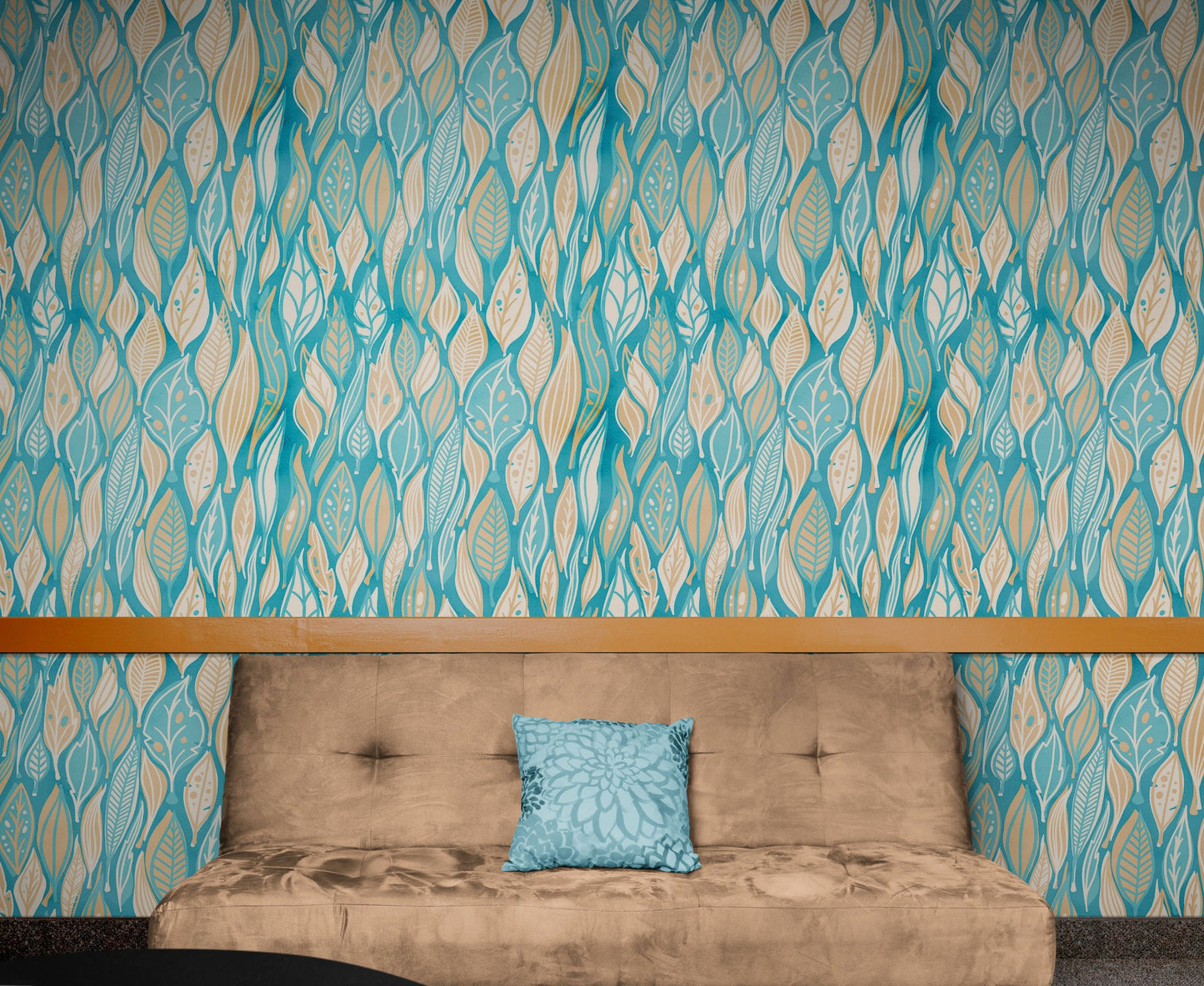 Teal Color Autumn Leaves Pattern Wall Mural. Retro Illustration Foliage Pattern. #6438