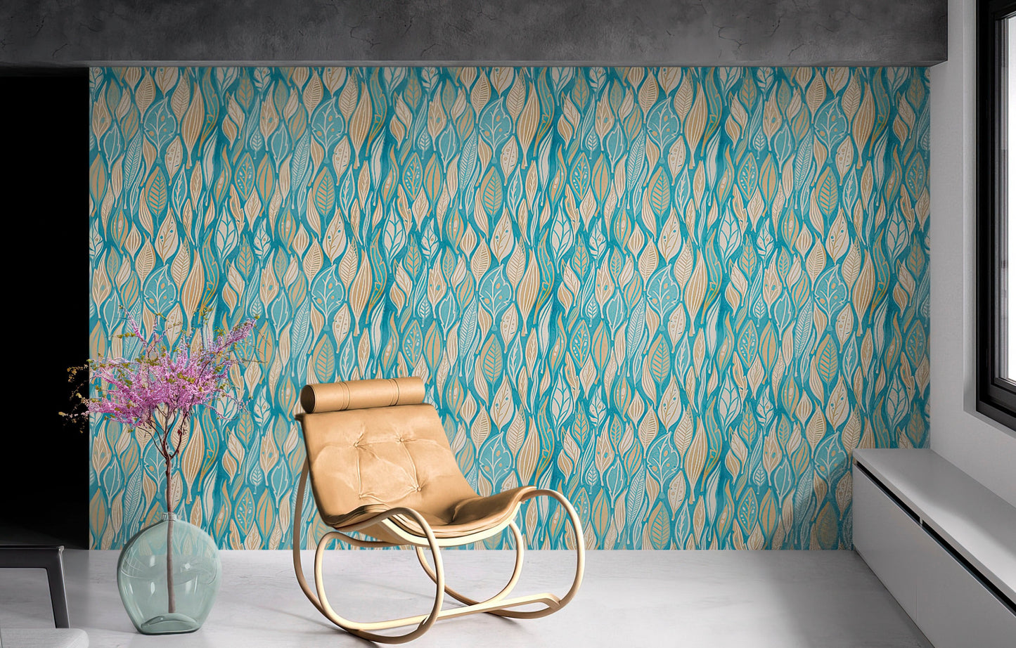 Teal Color Autumn Leaves Pattern Wall Mural. Retro Illustration Foliage Pattern. #6438