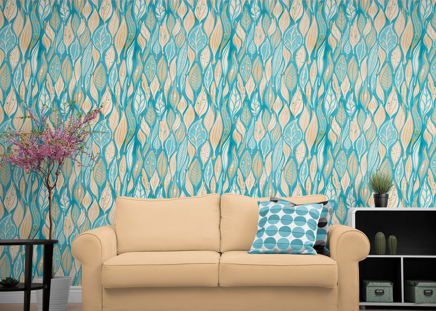 Teal Color Autumn Leaves Pattern Wall Mural. Retro Illustration Foliage Pattern. #6438