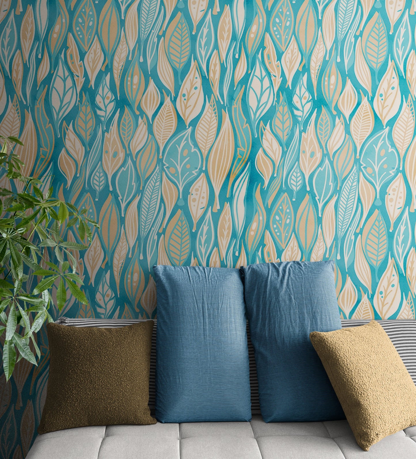 Teal Color Autumn Leaves Pattern Wall Mural. Retro Illustration Foliage Pattern. #6438