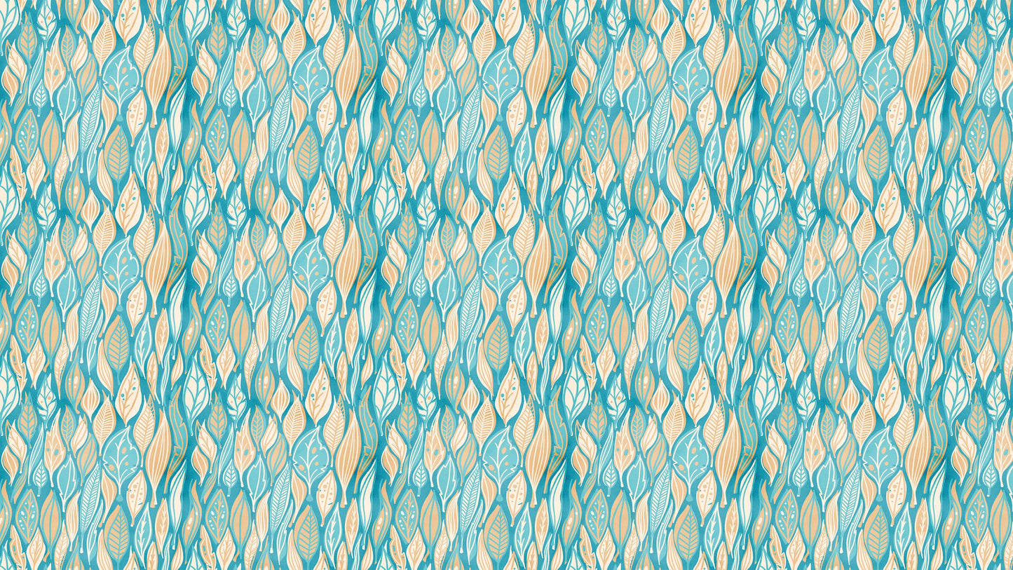 Teal Color Autumn Leaves Pattern Wall Mural. Retro Illustration Foliage Pattern. #6438