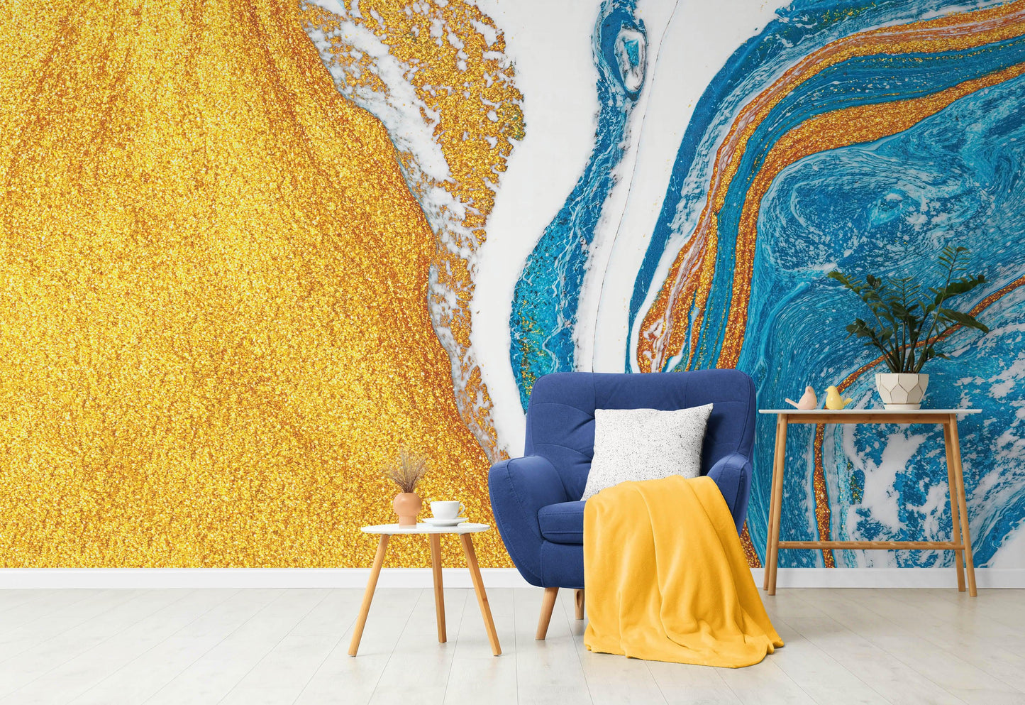Abstract Bright Color Ink Splotch Pattern Wall Mural. Gold, White and Blue. #6439