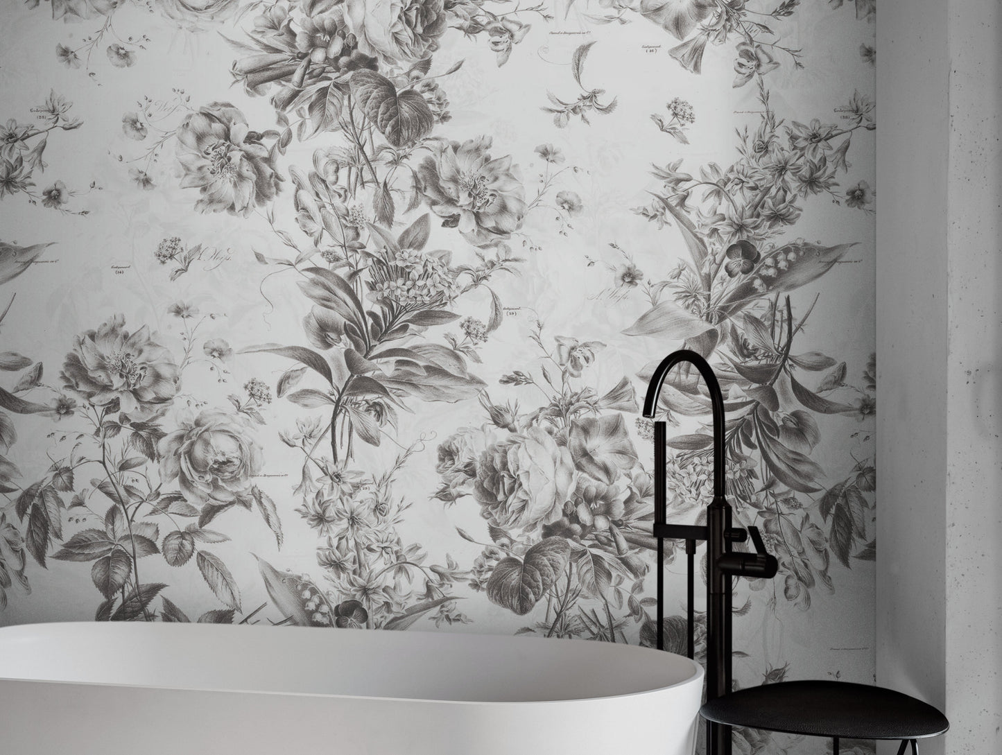 Vintage Flower Pattern Illustration Wall Mural. Black and White Peel and Stick Wallpaper. #6443