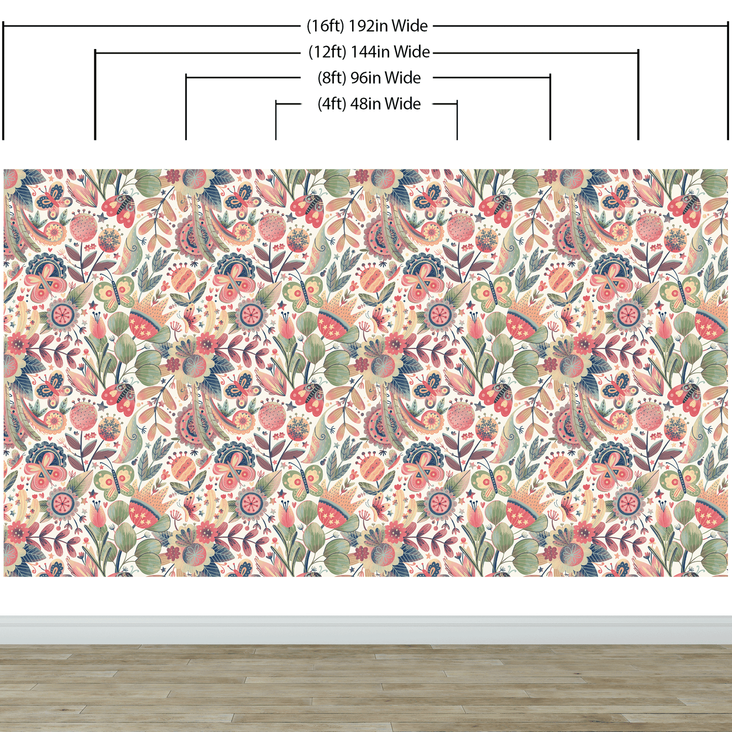 Flower Garden Illustration Wall Mural. Pastel Color Pattern Nursery, Bedroom, Kid’s Room Wall Decor. Peel and Stick Wallpaper. #6448