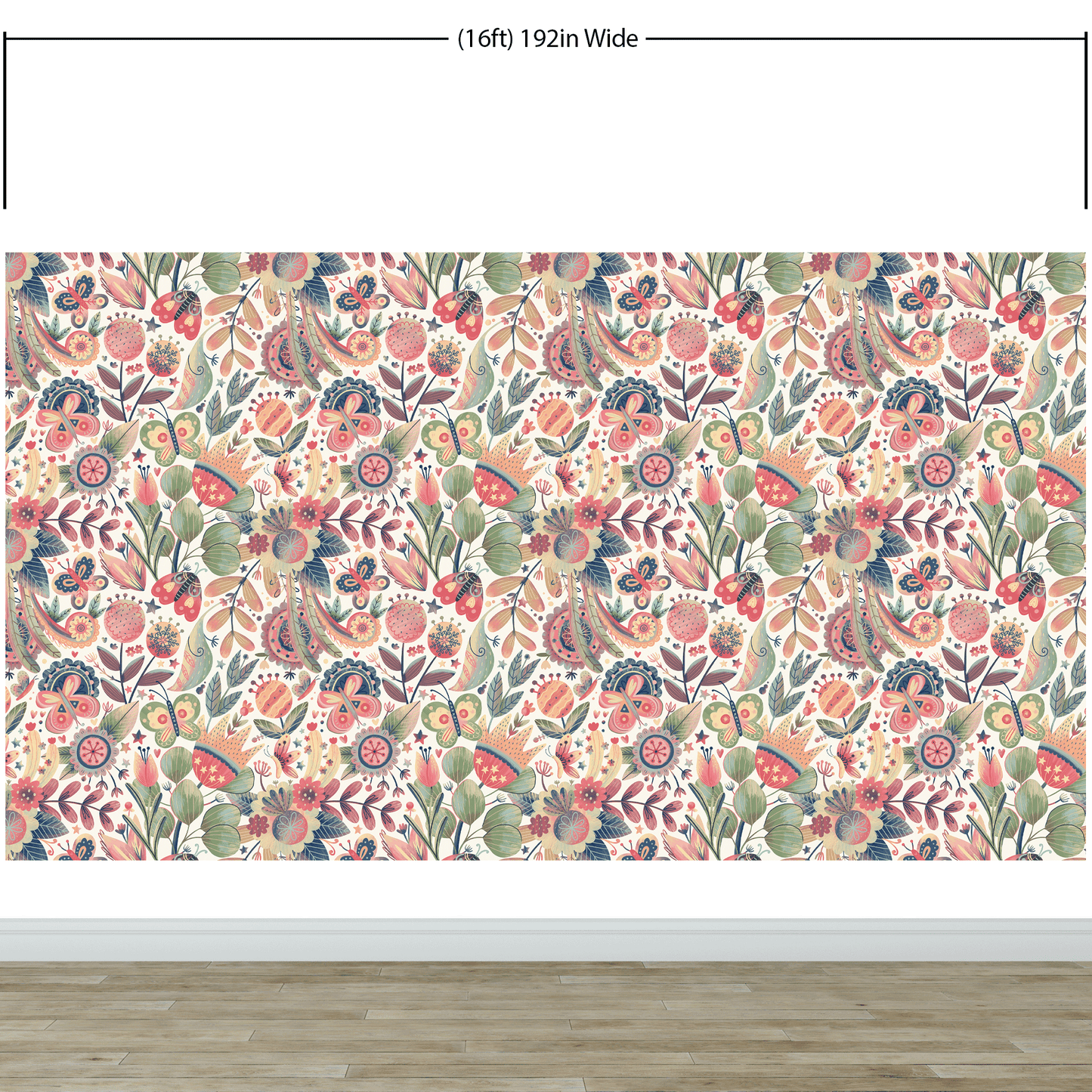Flower Garden Illustration Wall Mural. Pastel Color Pattern Nursery, Bedroom, Kid’s Room Wall Decor. Peel and Stick Wallpaper. #6448