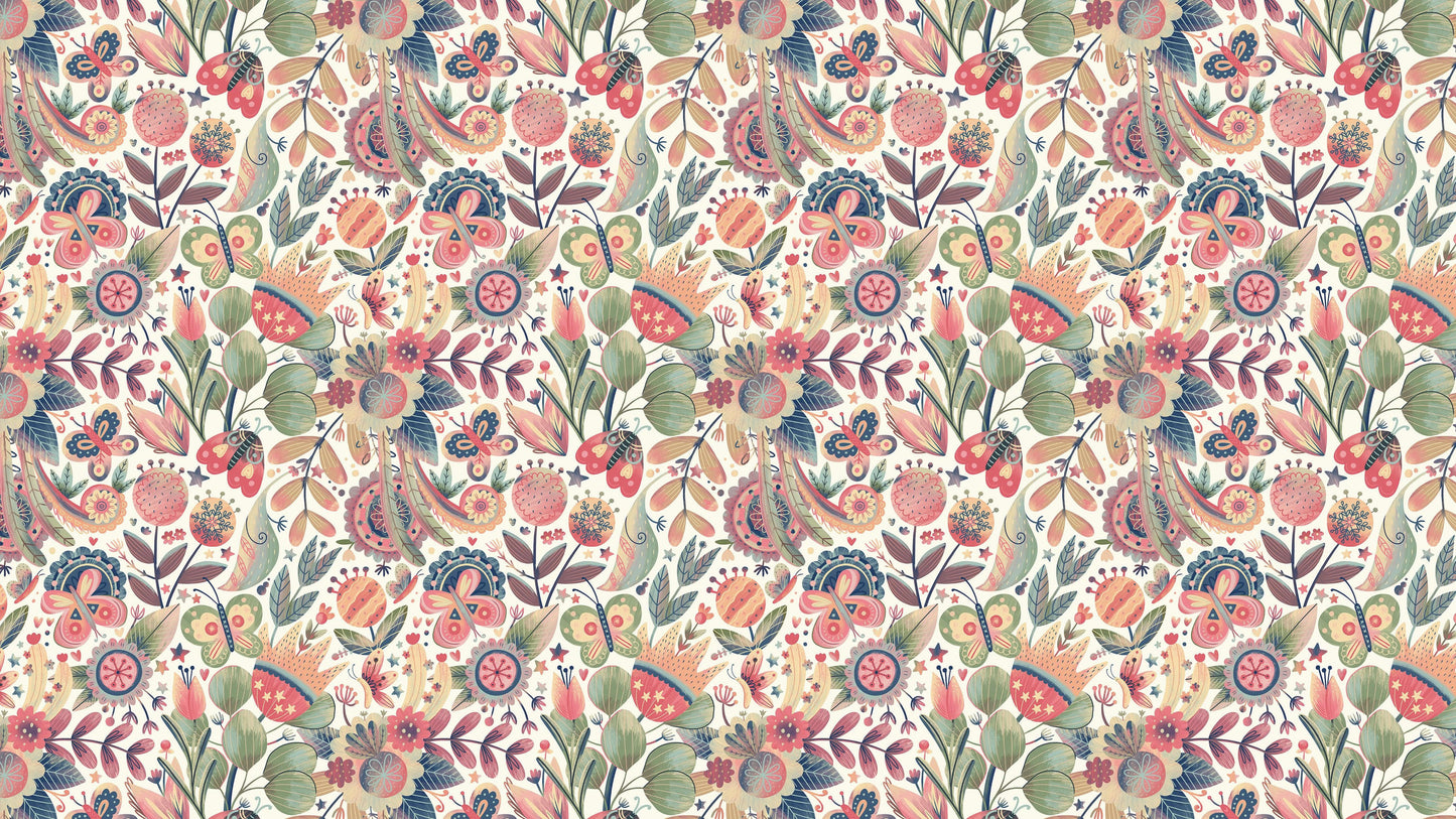 Flower Garden Illustration Wall Mural. Pastel Color Pattern Nursery, Bedroom, Kid’s Room Wall Decor. Peel and Stick Wallpaper. #6448