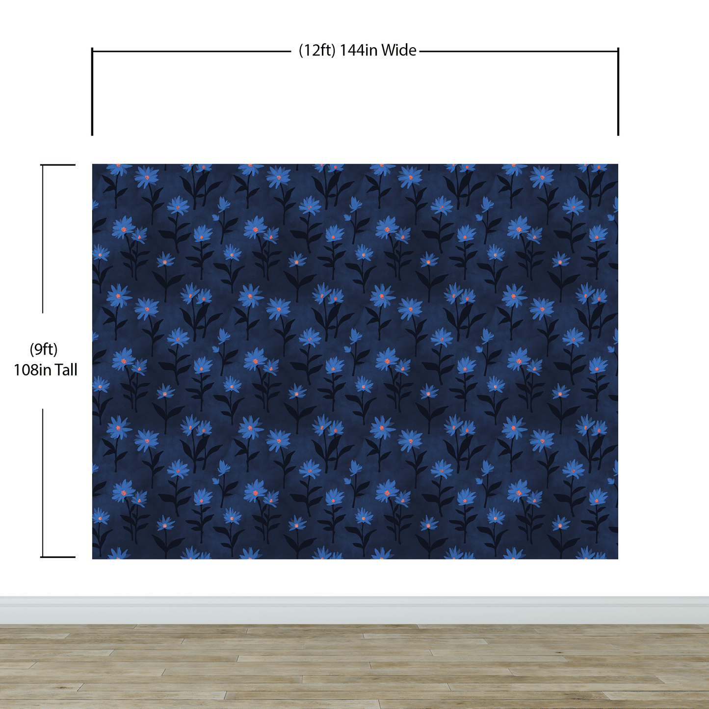 Blue Color Flower Wall Mural Pattern. Dark Navy Blue Background. #6451