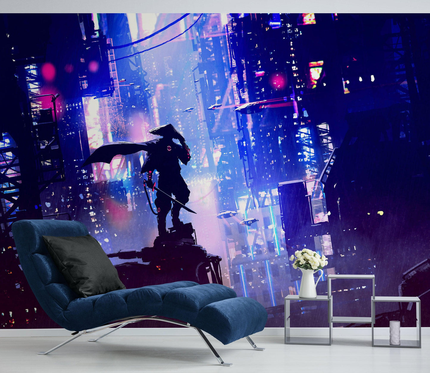Japanese Samurai in Cyberpunk Futuristic City of Japan Wall Mural. #6452