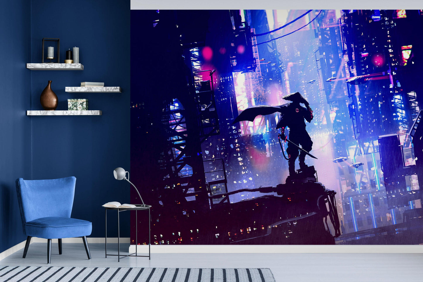 Japanese Samurai in Cyberpunk Futuristic City of Japan Wall Mural. #6452