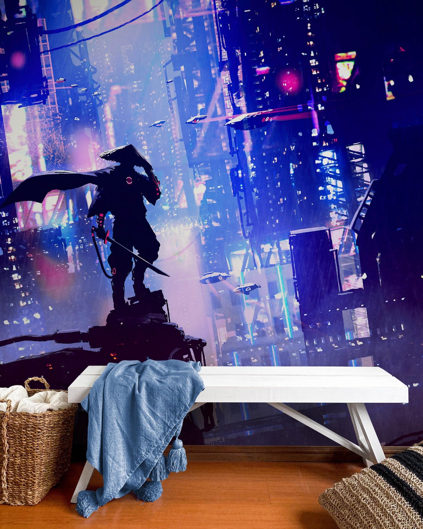 Japanese Samurai in Cyberpunk Futuristic City of Japan Wall Mural. #6452