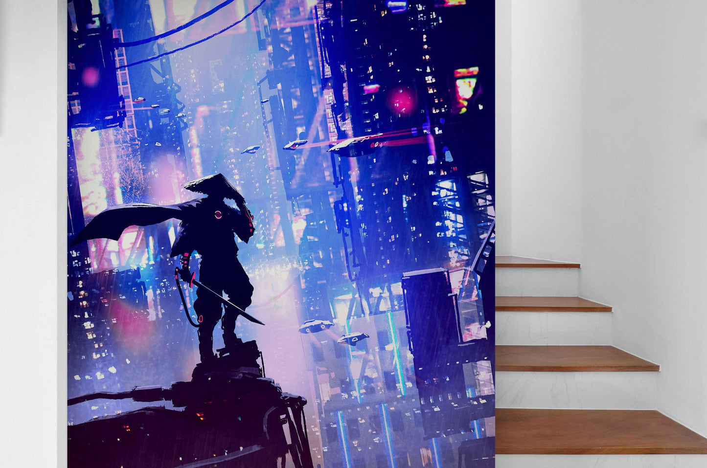 Japanese Samurai in Cyberpunk Futuristic City of Japan Wall Mural. #6452