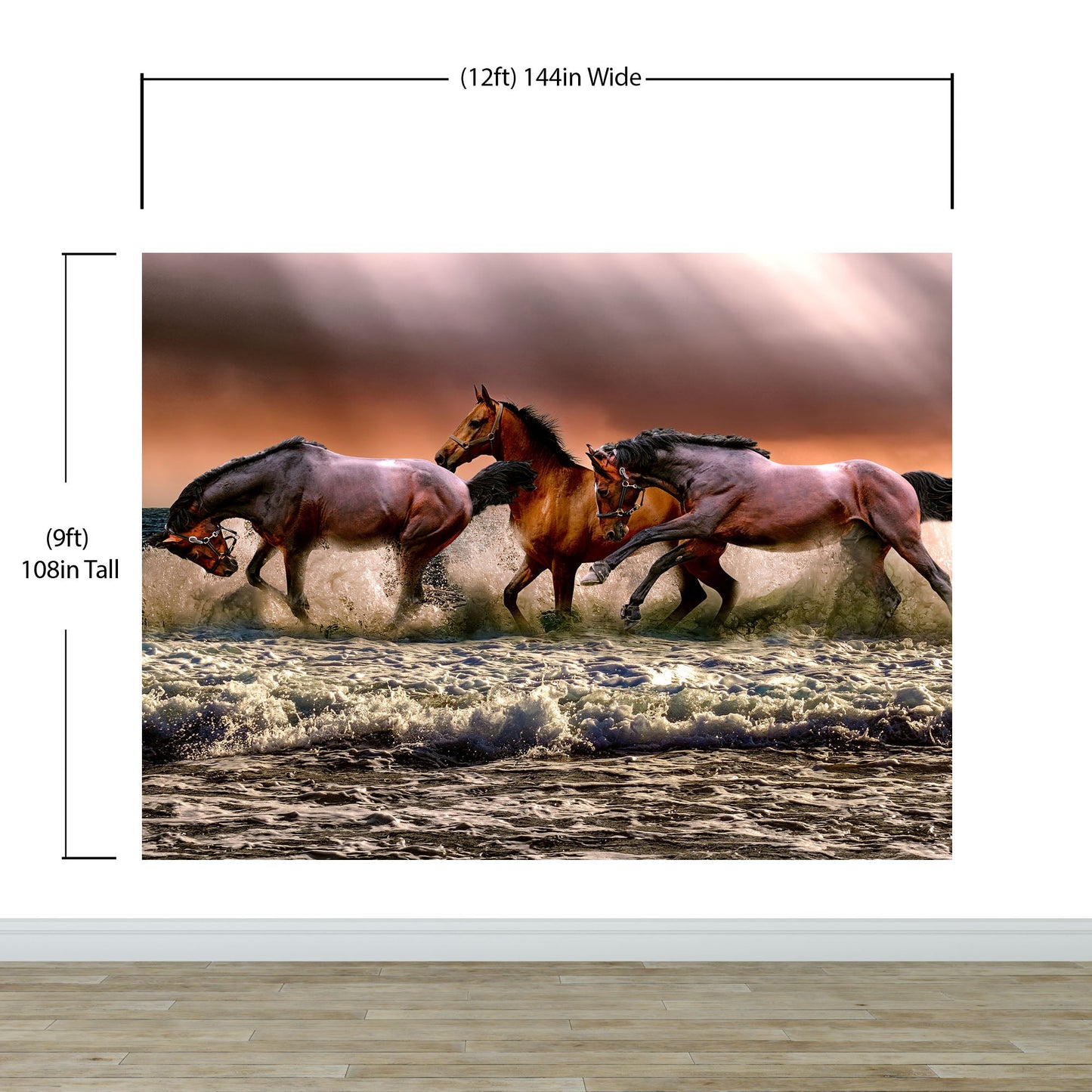 Wild Horses Galloping on Beach Wall Mural. Peel and Stick Wallpaper. #6458