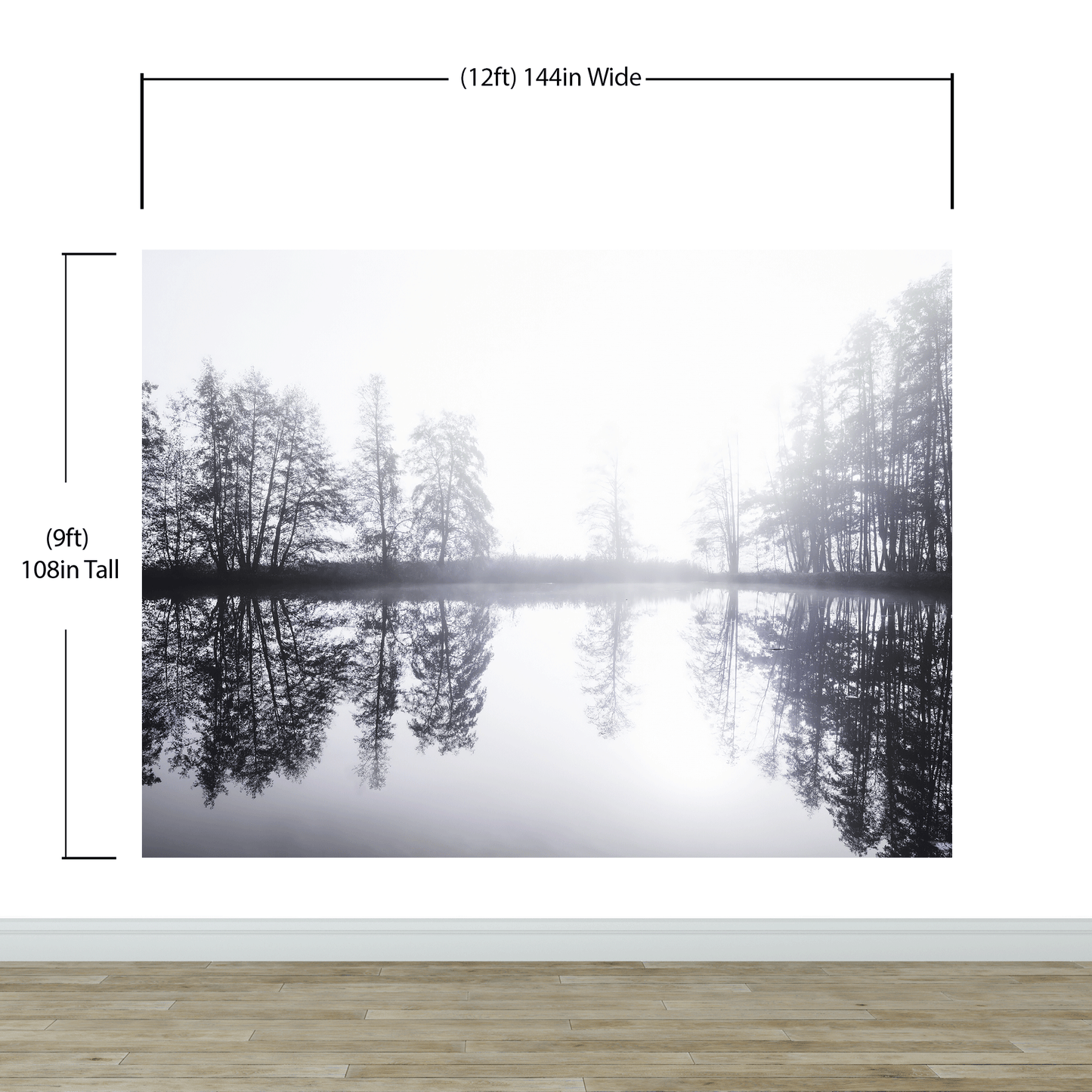 Foggy Woodland Wall Mural. Warm Grey Misty Forest Lakeview Peel and Stick Wallpaper. #6474