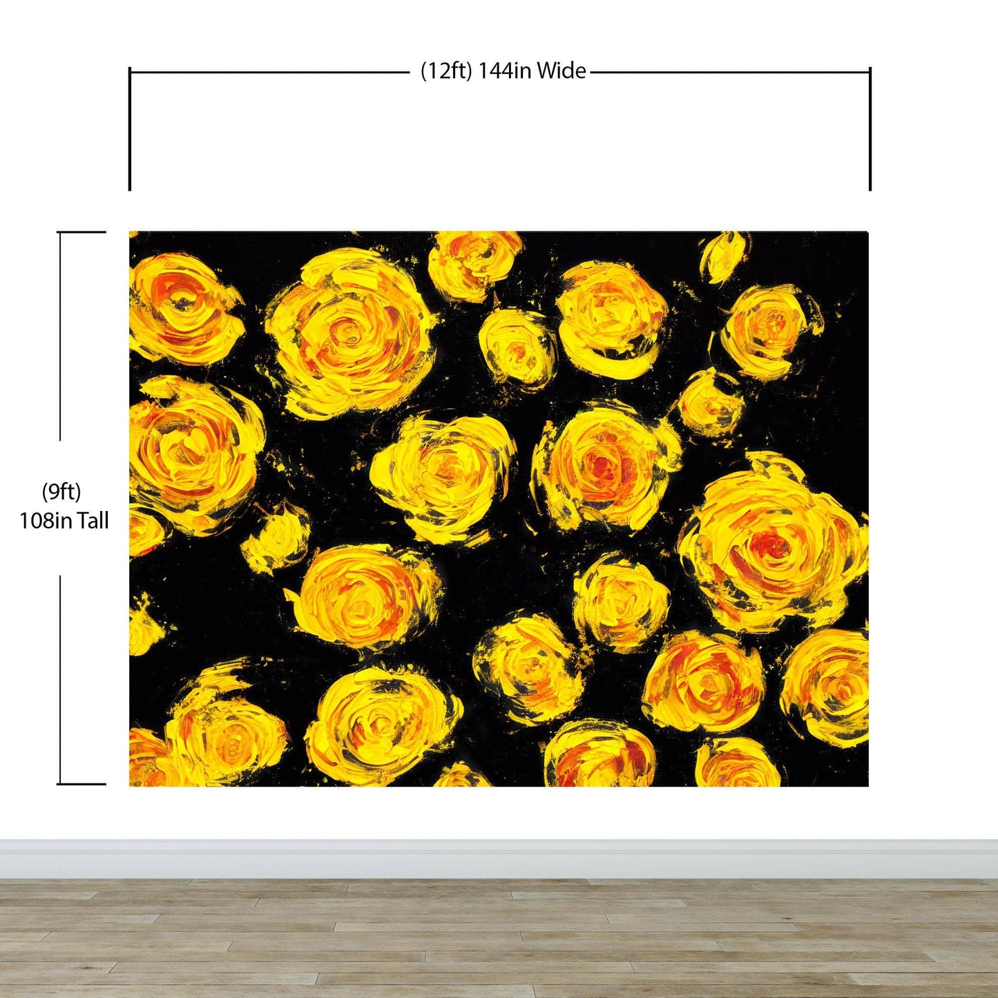 Flower Wallpaper Peel and Stick Wall Mural. Yellow Flowers on Black Background. #6499