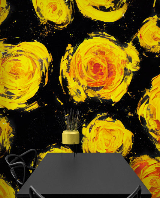 Flower Wallpaper Peel and Stick Wall Mural. Yellow Flowers on Black Background. #6499