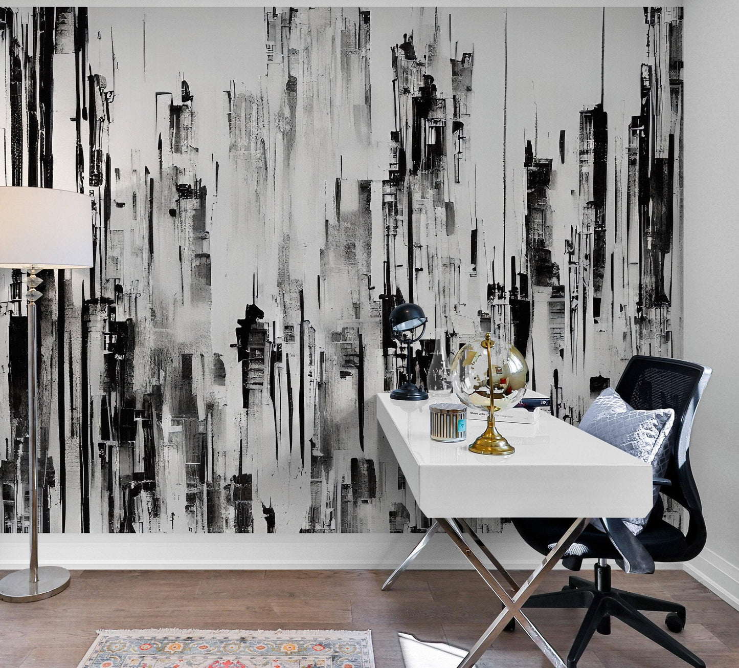 Black and Gray Urban City Wall Mural. Cyber Punk Cityscape. Minimalist Abstract Building Architect Wallpaper. #6487