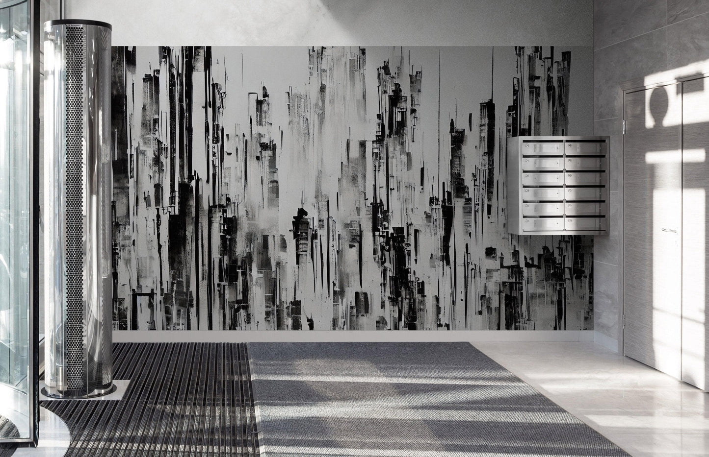 Black and Gray Urban City Wall Mural. Cyber Punk Cityscape. Minimalist Abstract Building Architect Wallpaper. #6487