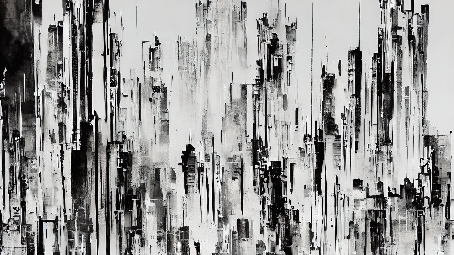 Black and Gray Urban City Wall Mural. Cyber Punk Cityscape. Minimalist Abstract Building Architect Wallpaper. #6487