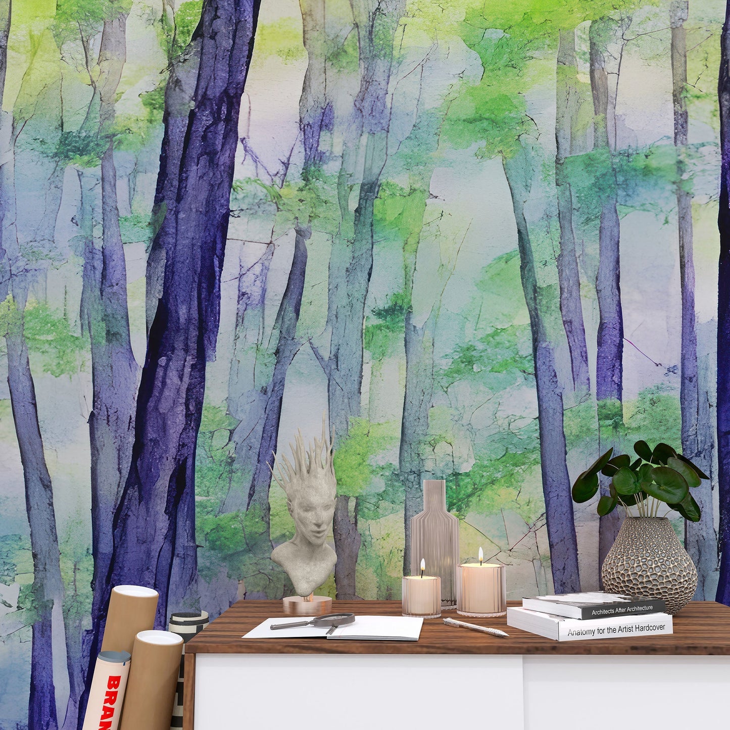 Watercolor Forest Wallpaper. Colorful Forest Peel and Stick Wall Mural. #6493