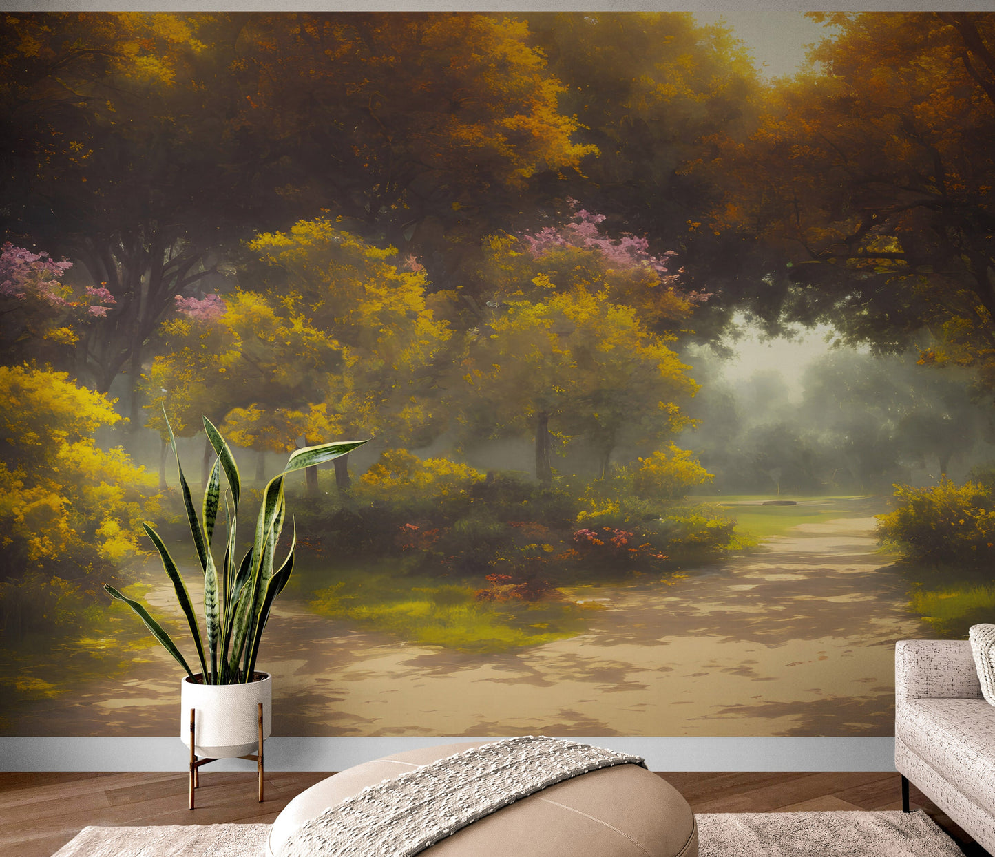Vintage Trees in Park Wallpaper. Peel and Stick Wall Mural. #6496