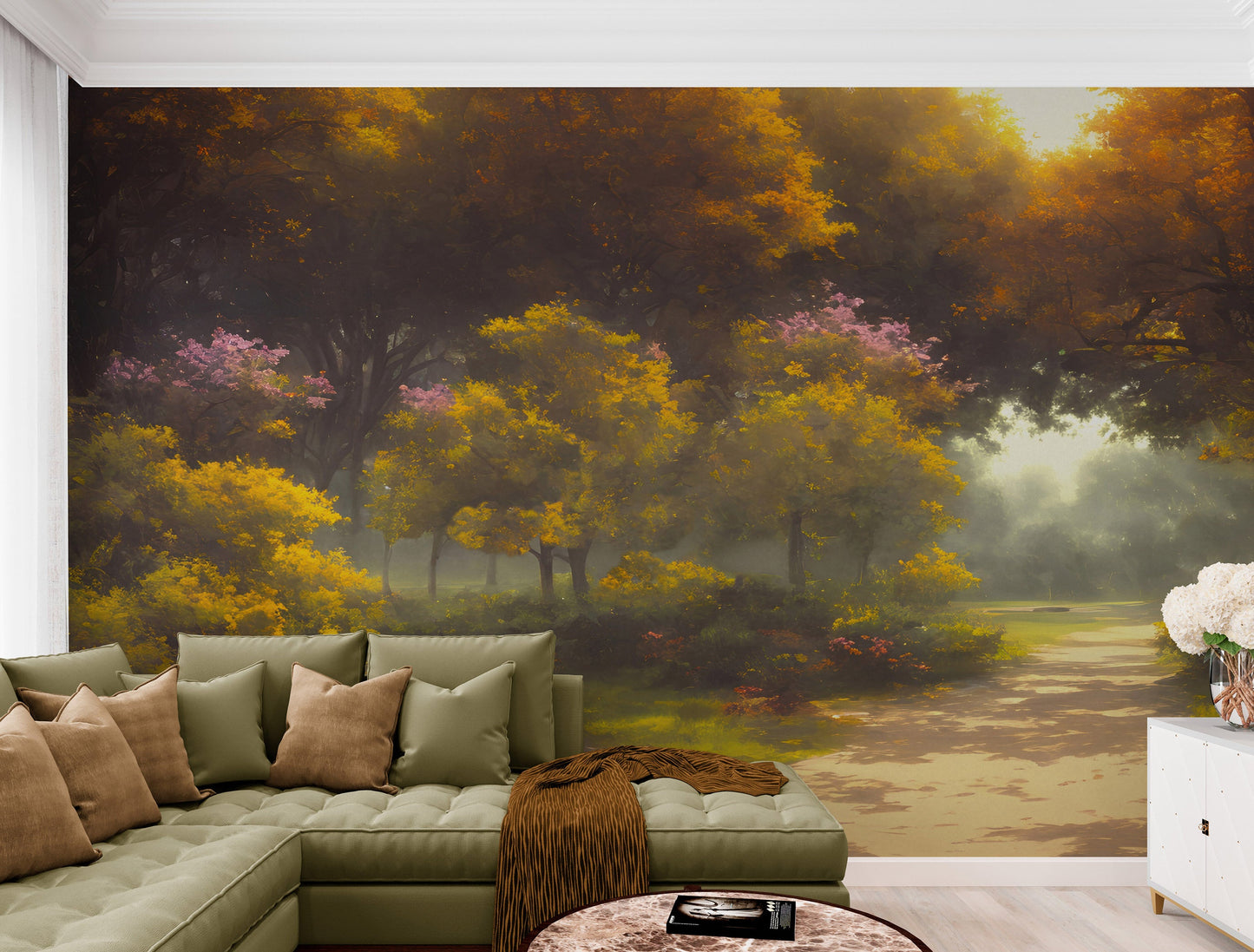 Vintage Trees in Park Wallpaper. Peel and Stick Wall Mural. #6496