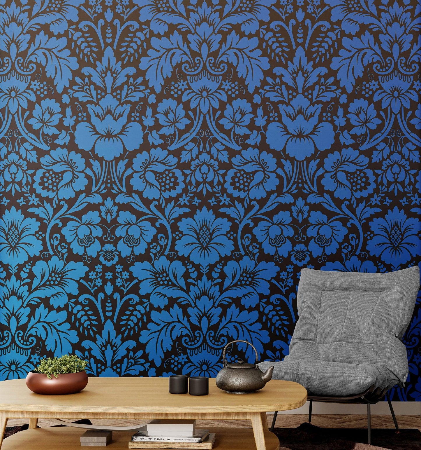 Damask Wallpaper Blue Color on Dark Background Pattern Wallpaper Peel and Stick Wall Mural Home Decor #6518