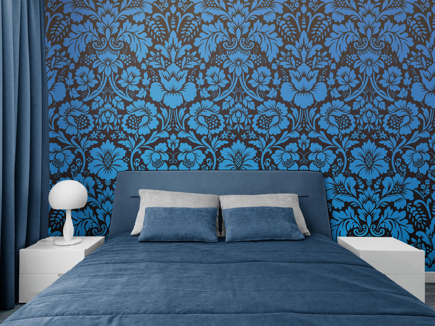 Damask Wallpaper Blue Color on Dark Background Pattern Wallpaper Peel and Stick Wall Mural Home Decor #6518