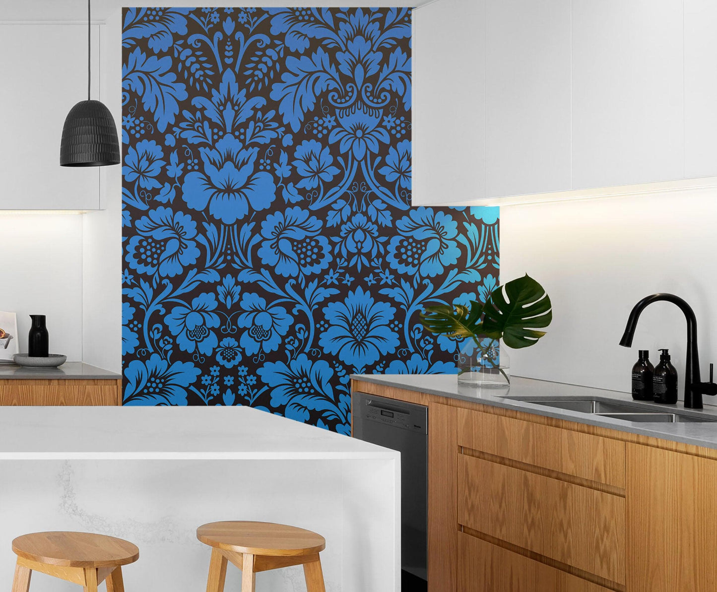 Damask Wallpaper Blue Color on Dark Background Pattern Wallpaper Peel and Stick Wall Mural Home Decor #6518