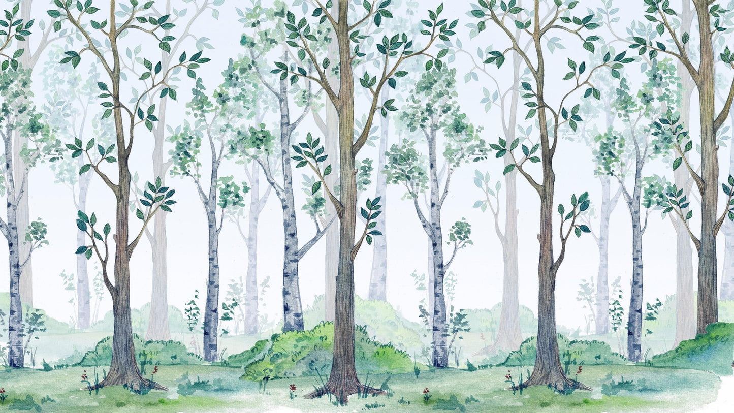 Nursery Woodland Forest Wallpaper. Watercolor Birch Tree Forest Wall Mural. #6525