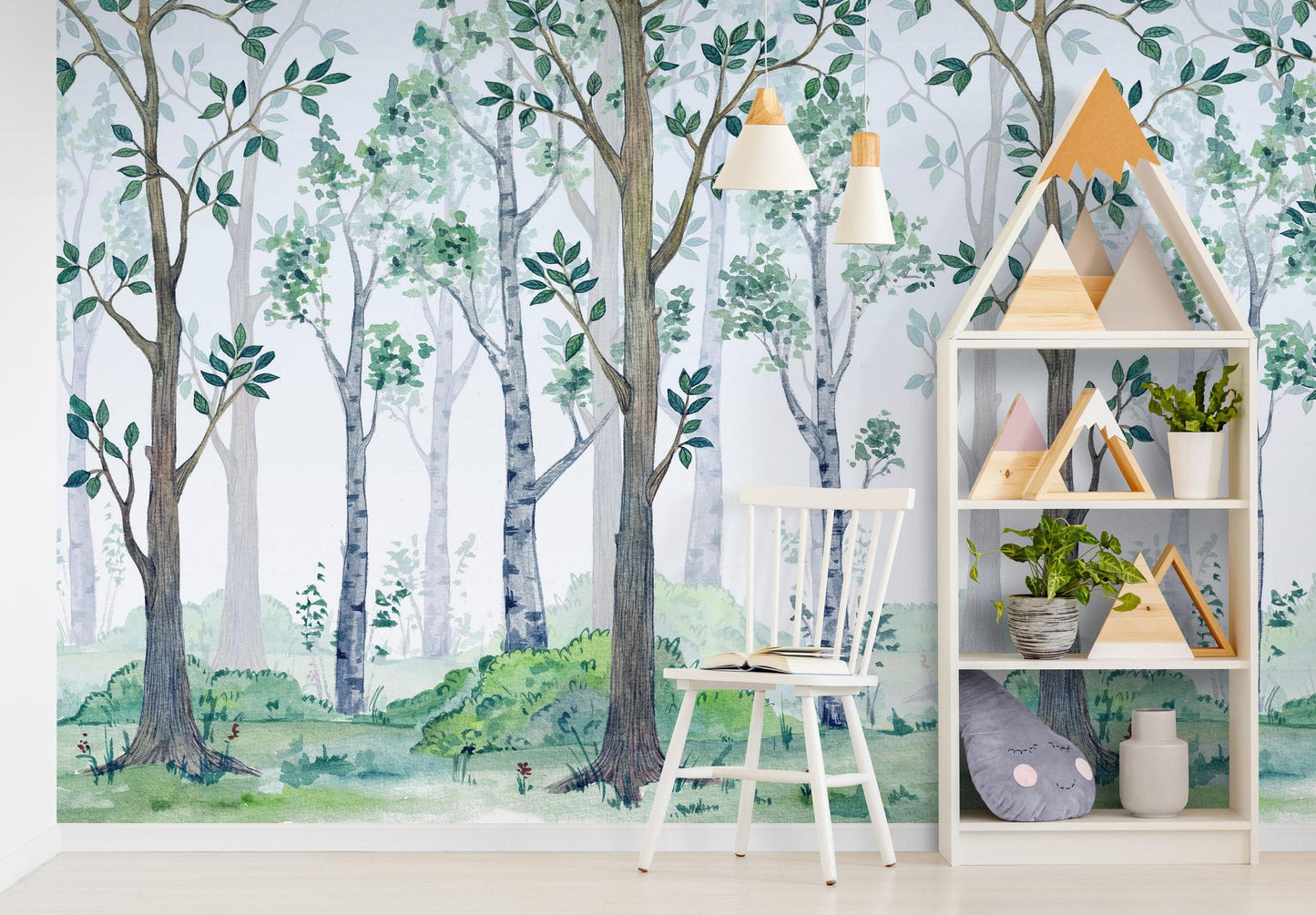 Nursery Woodland Forest Wallpaper. Watercolor Birch Tree Forest Wall Mural. #6525