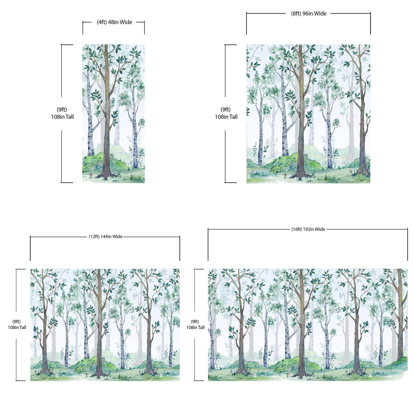 Nursery Woodland Forest Wallpaper. Watercolor Birch Tree Forest Wall Mural. #6525