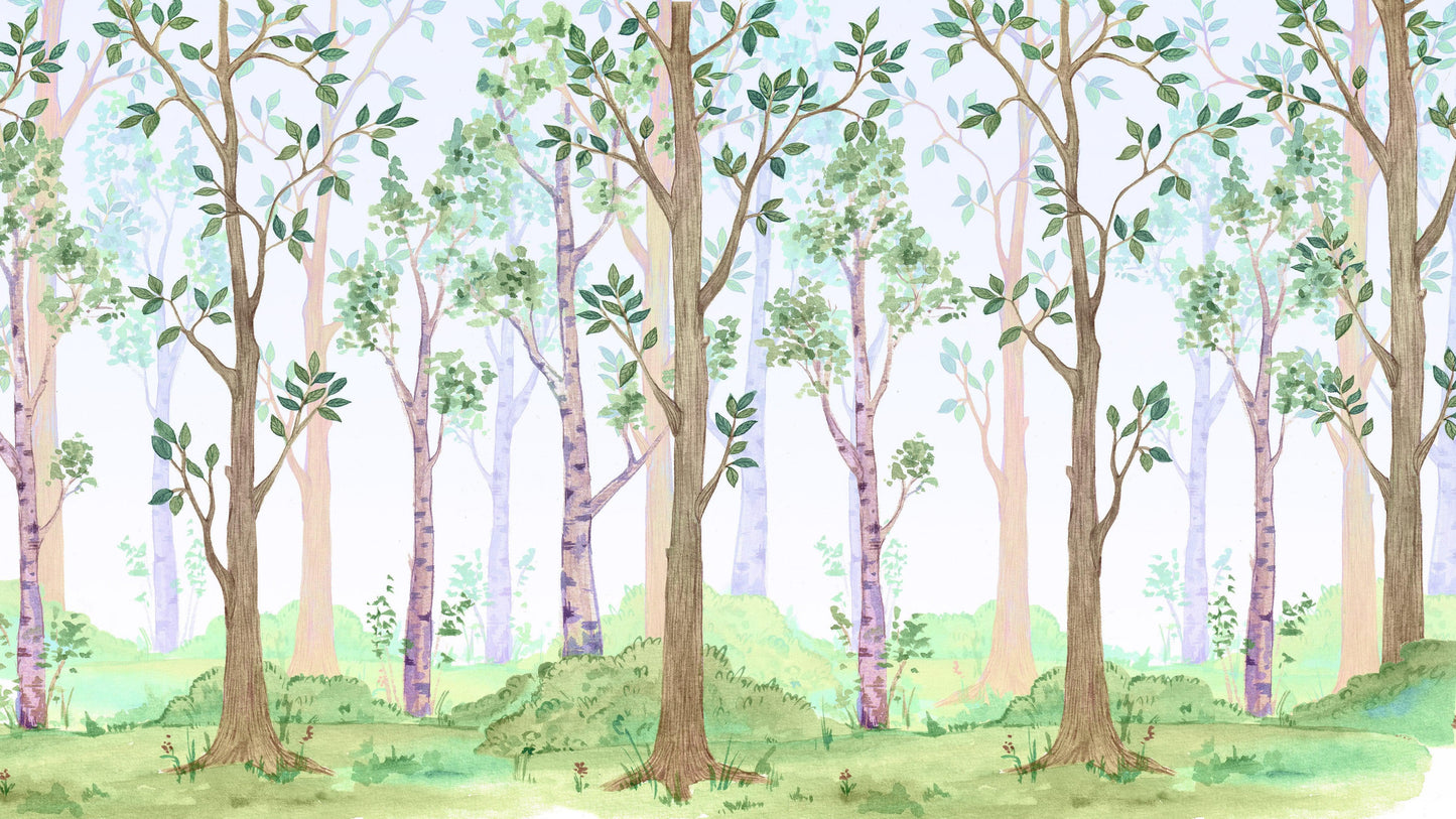 Nursery Woodland Forest Wallpaper. Watercolor Birch Tree Forest Wall Mural. #6525
