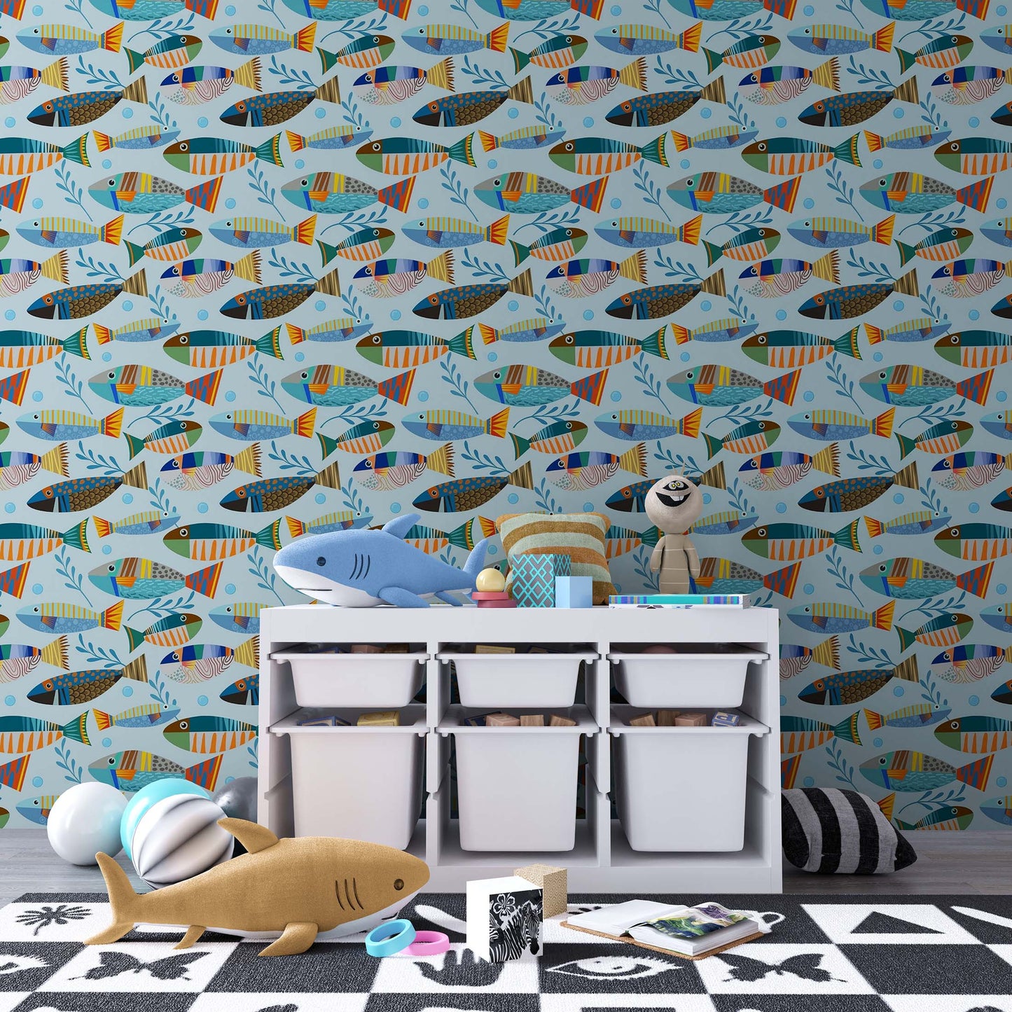 Underwater Fish Wallpaper. Colorful Tropical Fish Pattern Peel and Stick Wall Mural. #6540