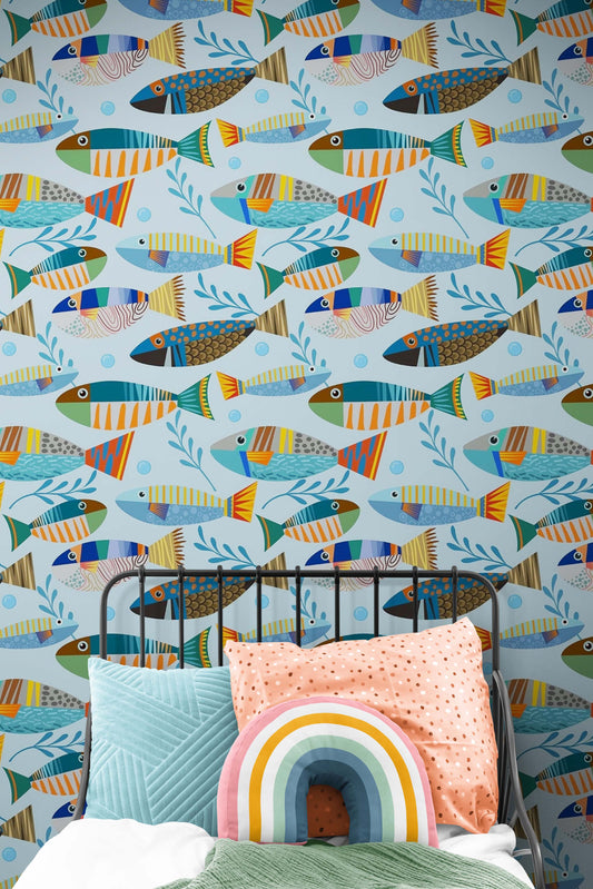 Underwater Fish Wallpaper. Colorful Tropical Fish Pattern Peel and Stick Wall Mural. #6540