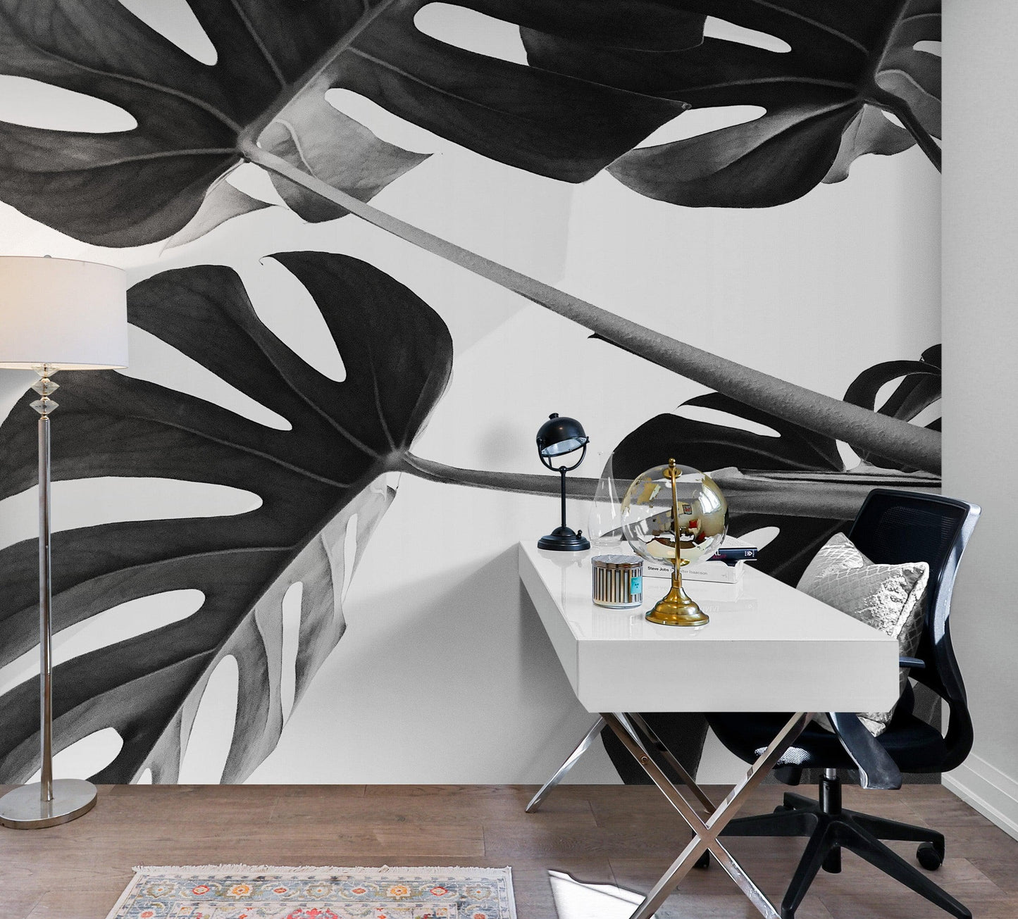 Elegant Black and White Leaves Wallpaper Mural - Serene Botanical Beauty #6606