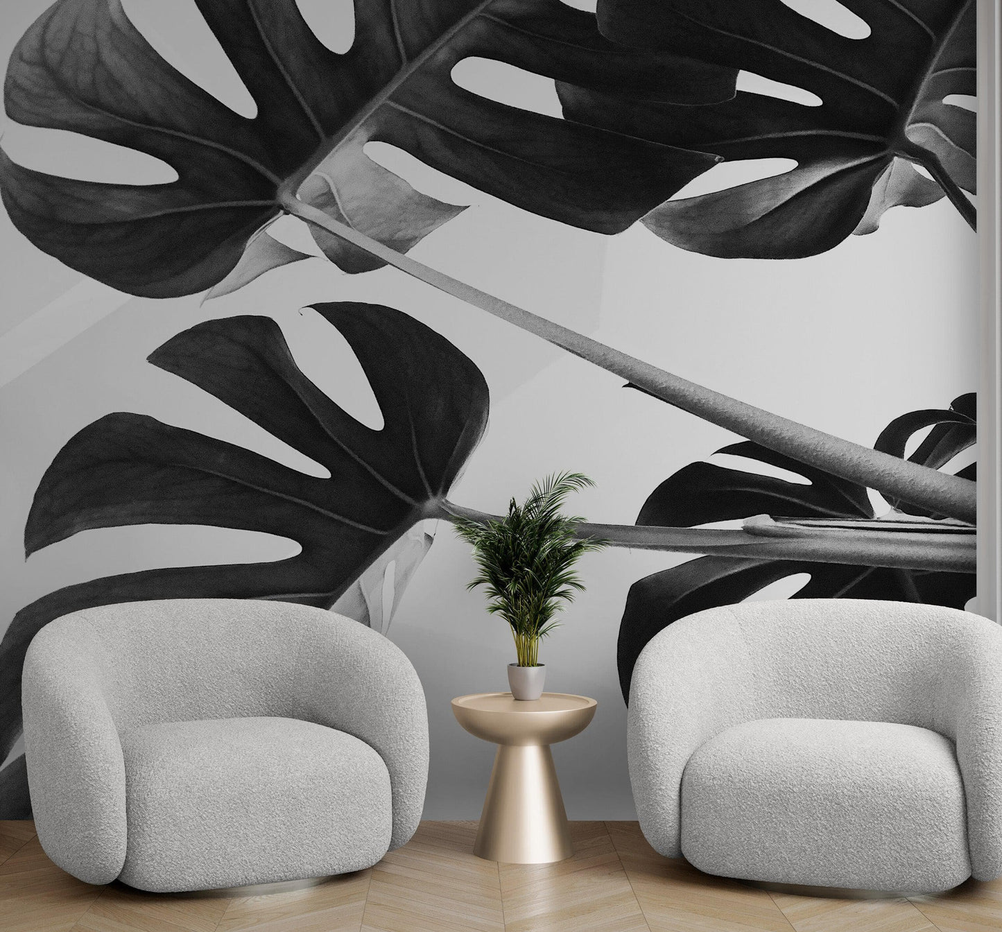 Elegant Black and White Leaves Wallpaper Mural - Serene Botanical Beauty #6606