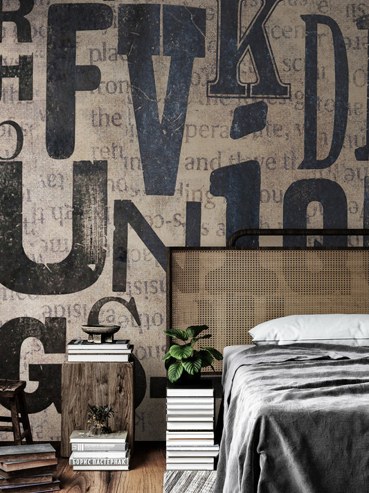 Vintage Ink Typographic Wall Mural – Modern Elegance for Your Space #6650