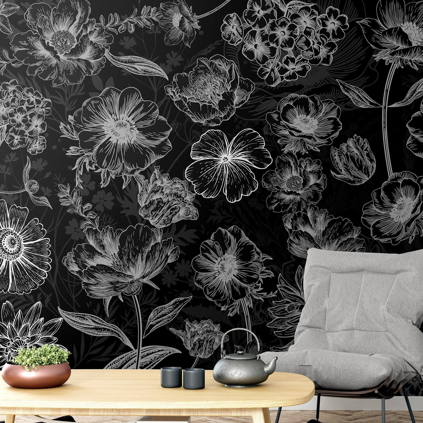 Black Floral Background, Black and White Flower Wallpaper Mural. #6677