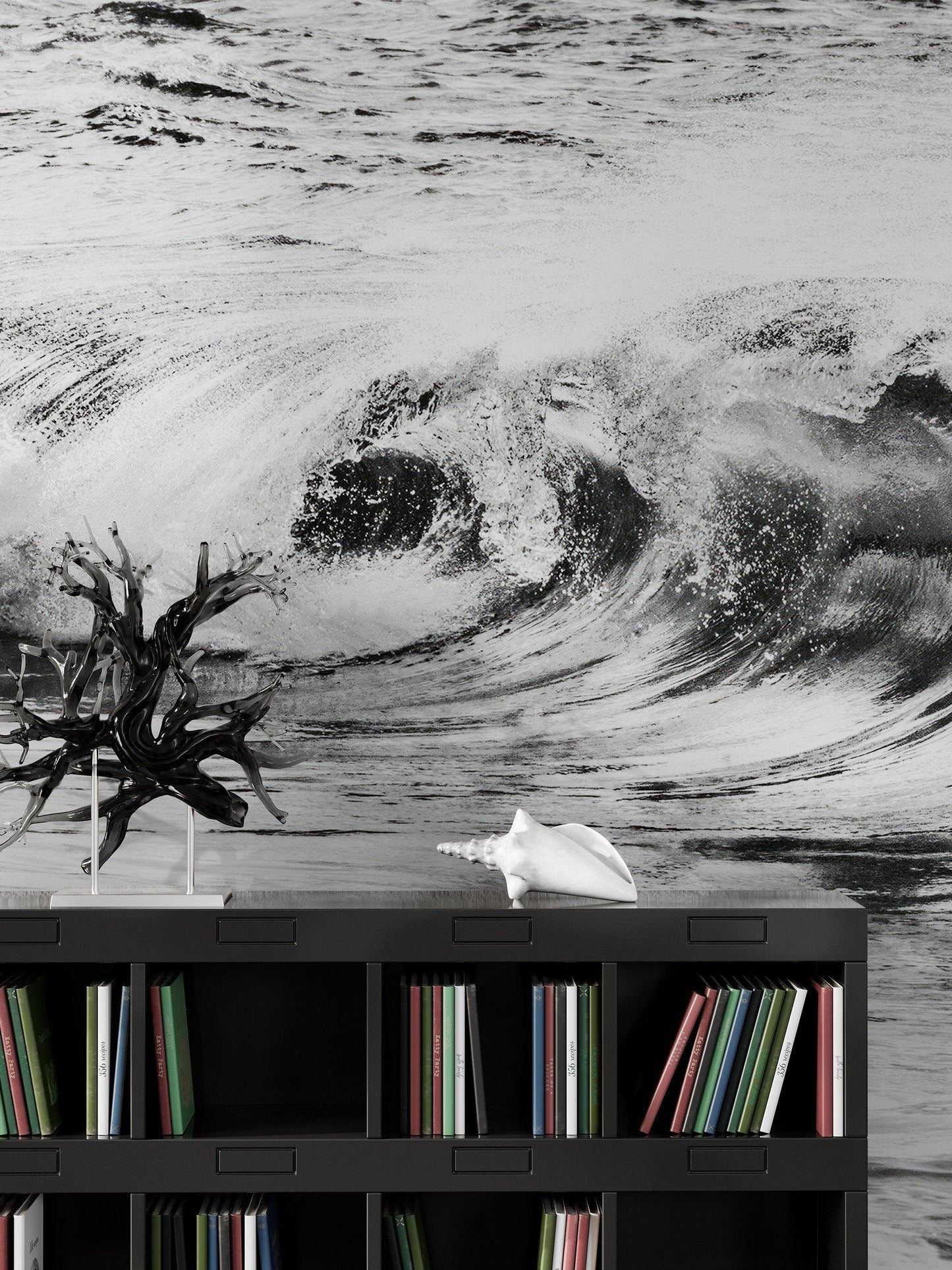 Ocean Wave Wallpaper. Black and White Surf Theme Wall Mural. #6709