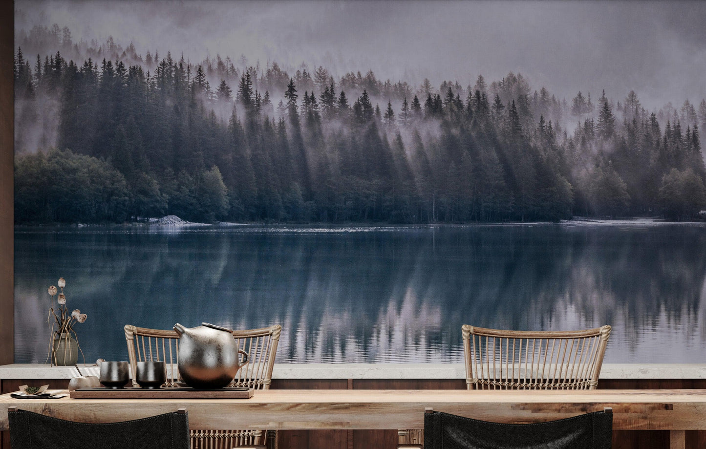 Pine Trees Forest Lake View Wall Mural Wallpaper. #6754