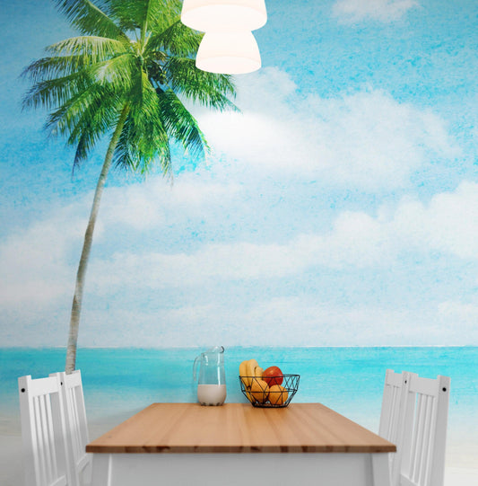 Tropical Palm Tree Wall Mural – Beach Shore Painting. #6911