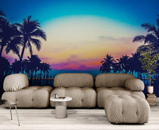 Tropical Night Wallpaper Mural – Miami Sunset Over Resort Pool & Beach. #6915