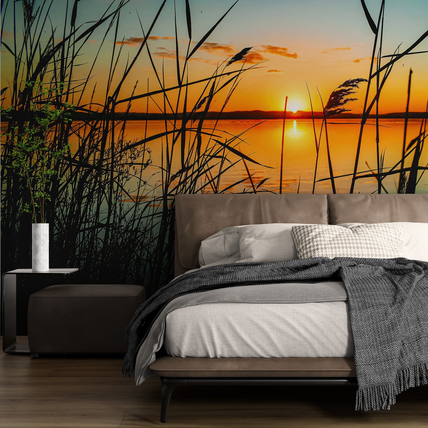 Lakeside Retreat with Sunset Over Lake Wallpaper Mural. #6920