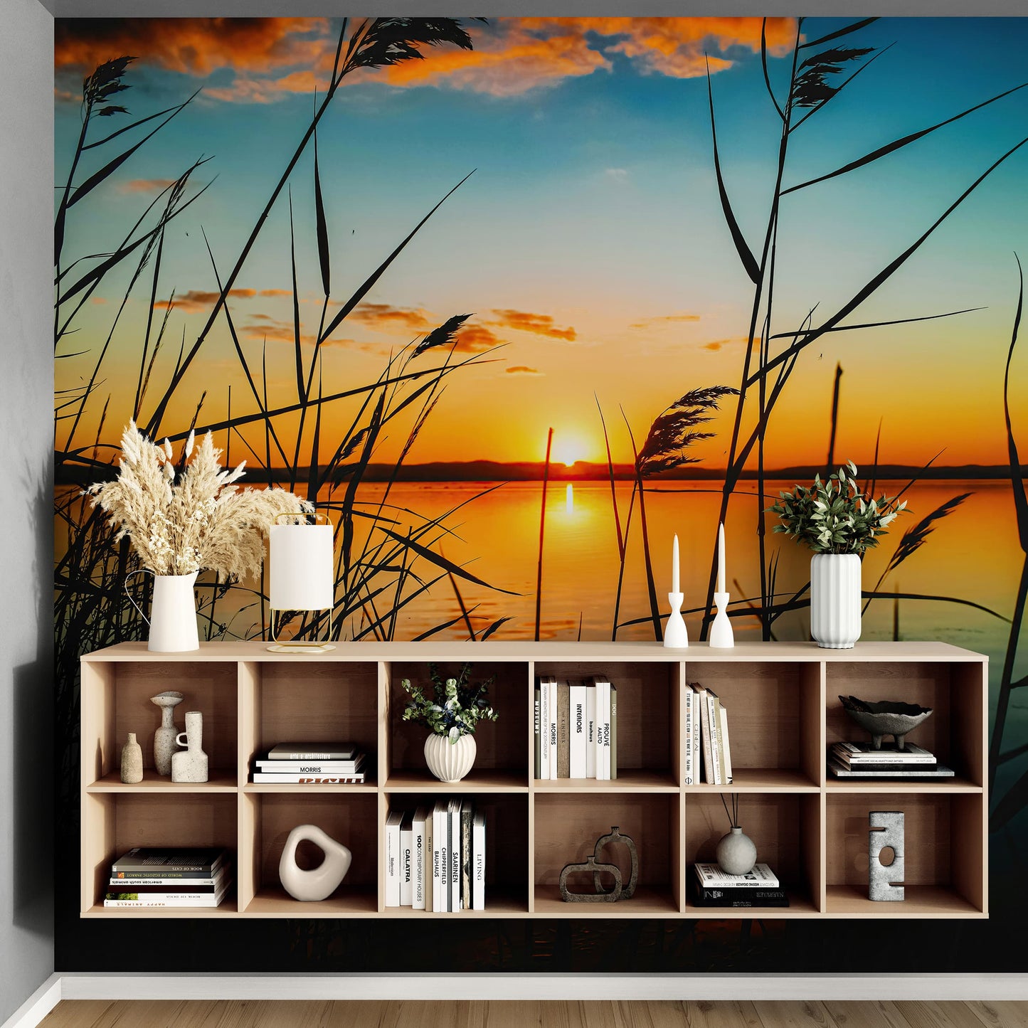 Lakeside Retreat with Sunset Over Lake Wallpaper Mural. #6920
