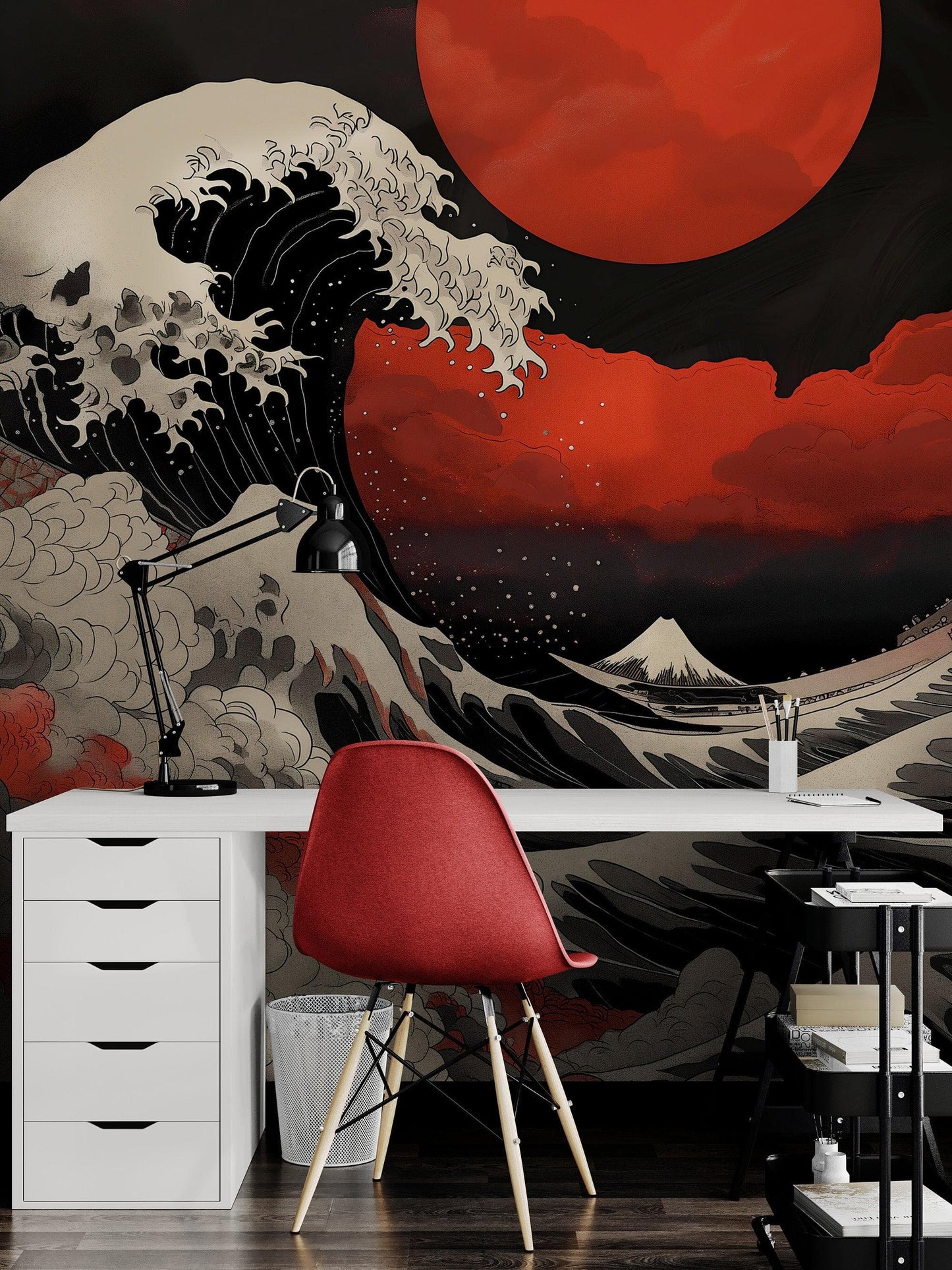 Red Great Wave off Kanagawa Wall Mural. Urban Decor. #6949