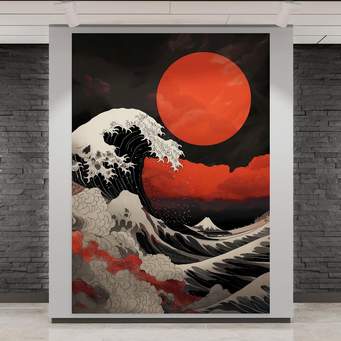 Red Great Wave off Kanagawa Wall Mural. Urban Decor. #6949