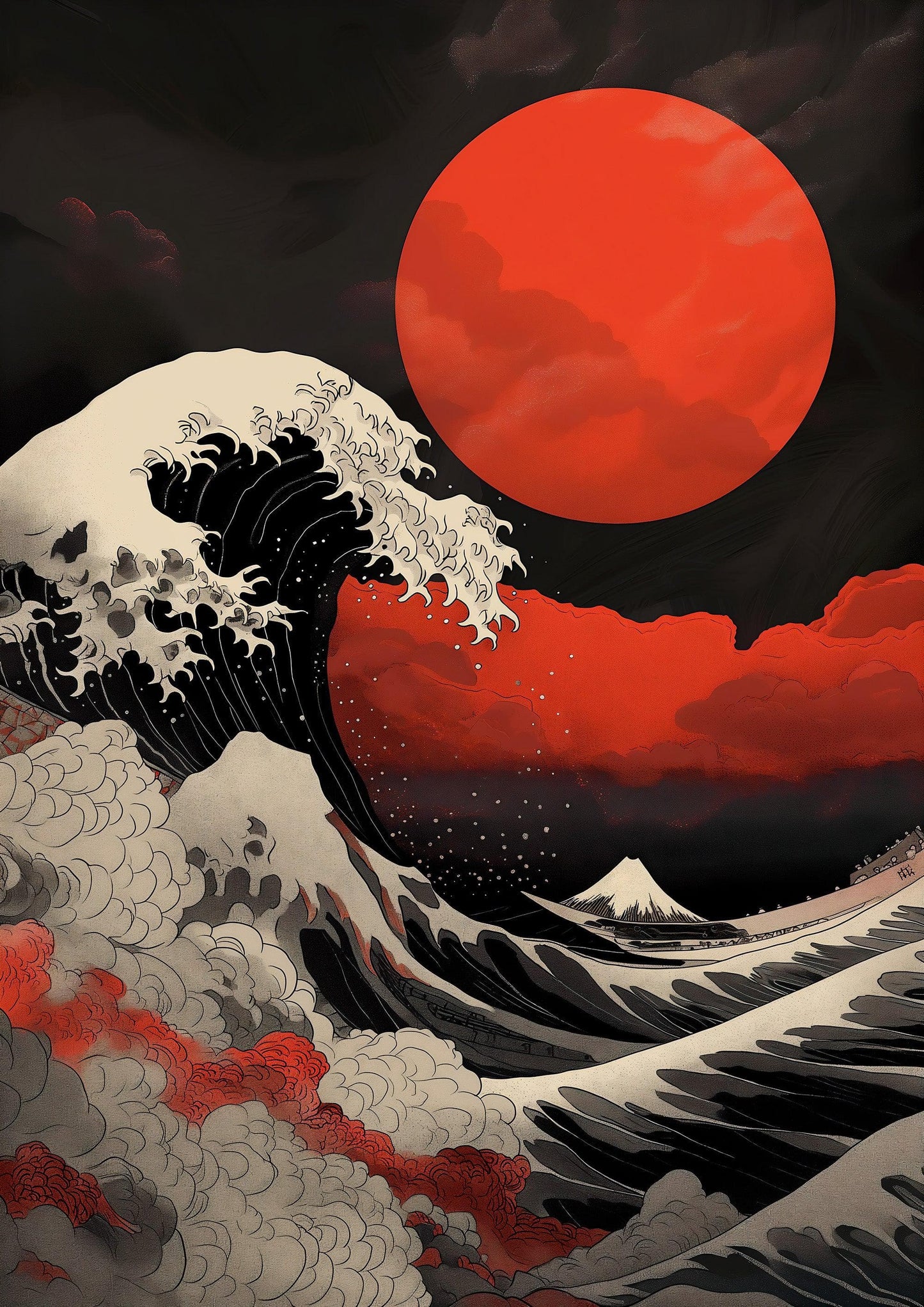 Red Great Wave off Kanagawa Wall Mural. Urban Decor. #6949