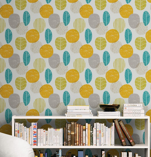 Autumn Leaves Wallpaper. Yellow, Grey, Teal Leaf Wall Mural. #6966
